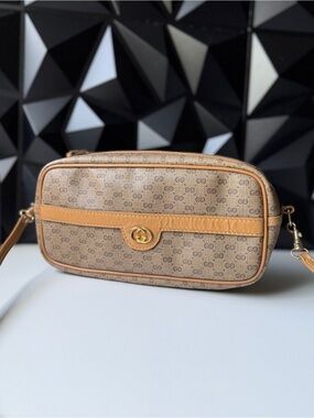 Gucci Beige Brown Monogram Shoulder Bag with Tan Leather Trim